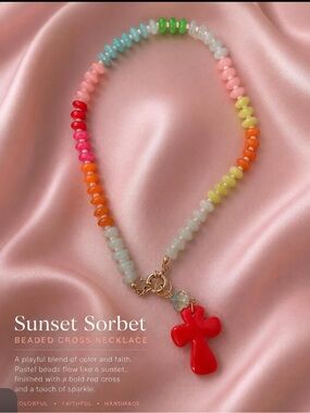 Sunset Sorbet Beaded Necklace with Red Cross Pendant